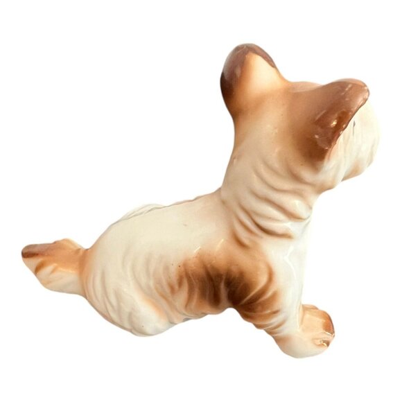 Vintage Ceramic Terrier Dog Figurine 3" White Brown Porcelain Made In Japan - Picture 3 of 6